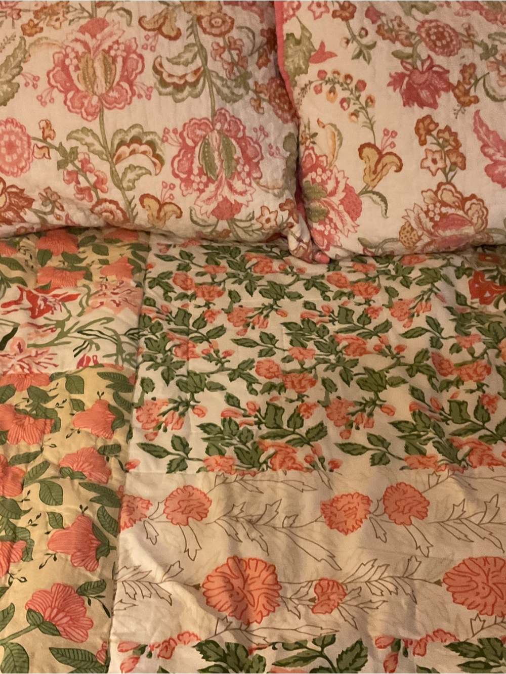 Boho cottage & vintage quilt blanket and pillow cases.Pink floral quilted fabric